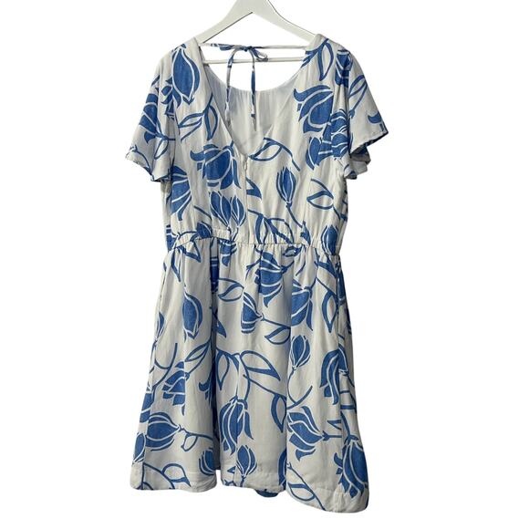 Lane Bryant Womens Plus Size 18 Flutter-Sleeve Tie-Back Linen Dress Blue White - Picture 3 of 13